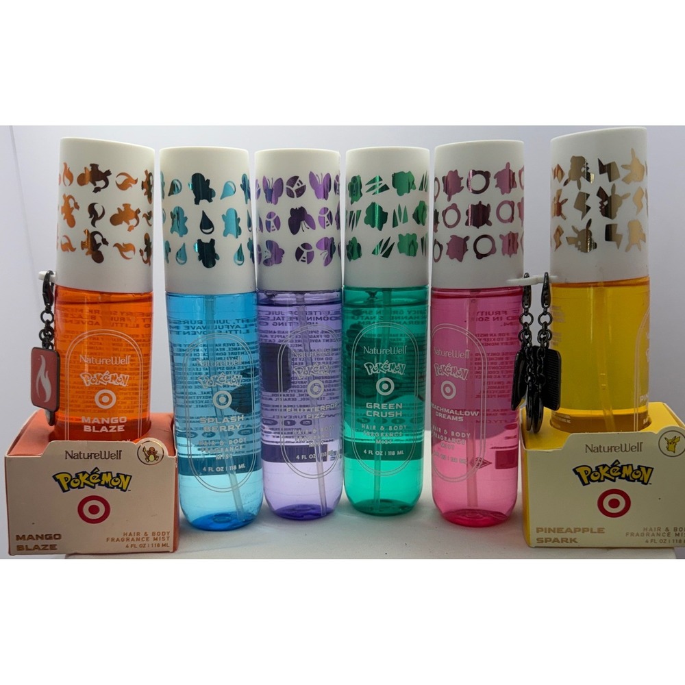 NatureWell Pokemon Hair & Body Fragrance Mist Set 6 Bottles Charms 4oz Each